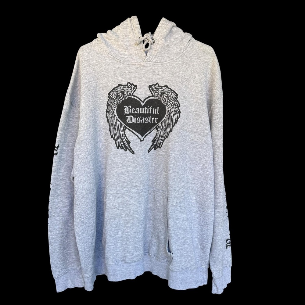 Beautiful Disaster Hoodie Womens 3X Gray Angel Wings Graphic Fleece Pullover